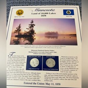 Minnesota State Coin Quarter Stamps Card Historical Geographical Limited Minting